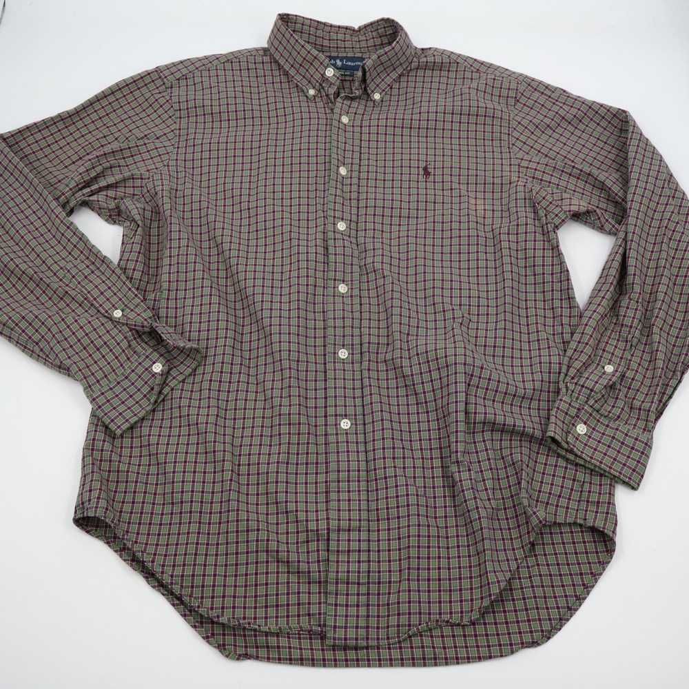 Ralph Lauren Button Down Shirt Mens L Green Burgundy Plaid Classic Fit Cotton